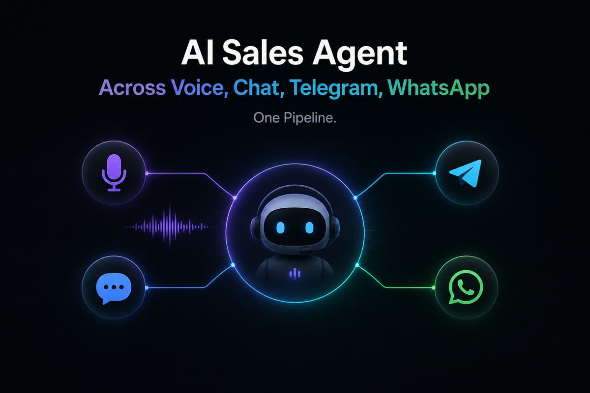 Illustration of one AI sales agent connected to voice, chat, Telegram and WhatsApp channels